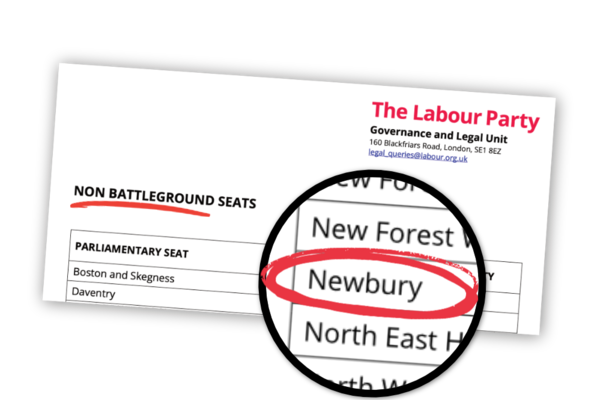 A document from Labour Party HQ showing 'non battleground seats'. Newbury is on the list.